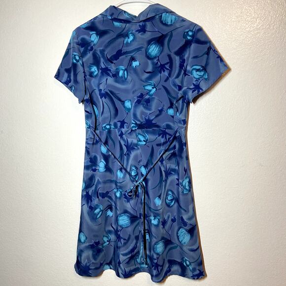 VTG DBY A-Line Dress Short Sleeve Collared Self Tie Back Floral Print Blue M 10 - Picture 4 of 4